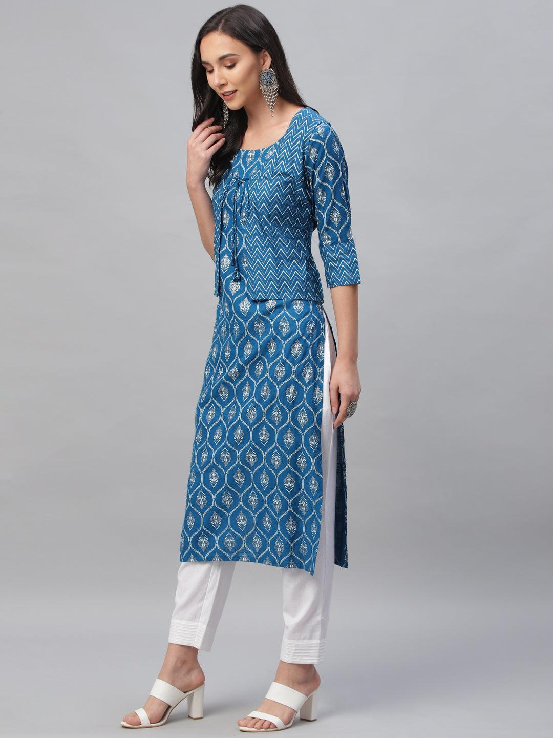 Blue Printed Rayon Kurta With Jacket - ShopLibas