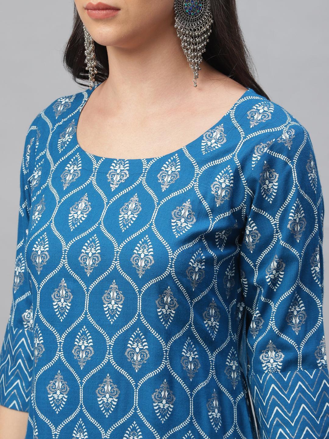 Blue Printed Rayon Kurta With Jacket - ShopLibas