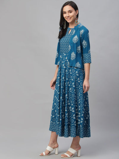 Blue Printed Rayon Dress With Jacket - ShopLibas