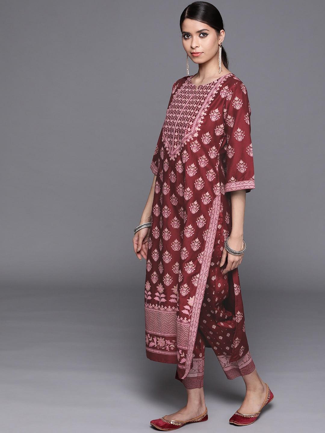 Maroon Printed Silk Blend Suit Set - ShopLibas
