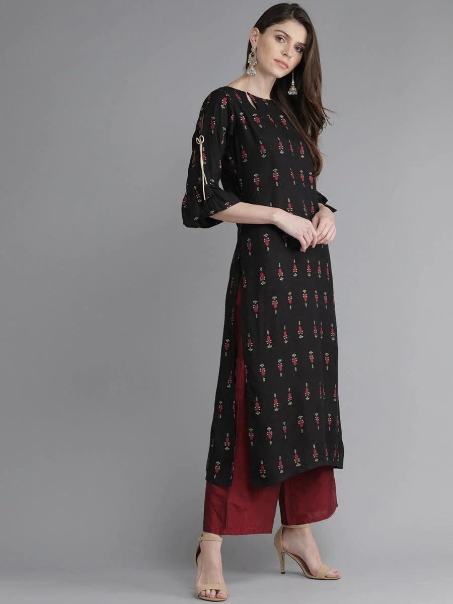 Black Printed Rayon Kurta - ShopLibas