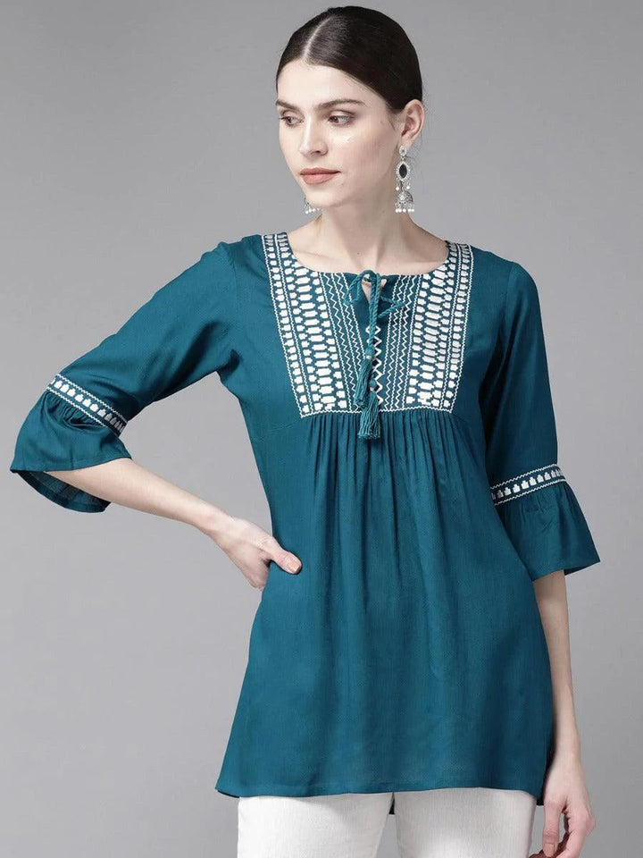 Blue Embroidered Rayon Kurti - ShopLibas