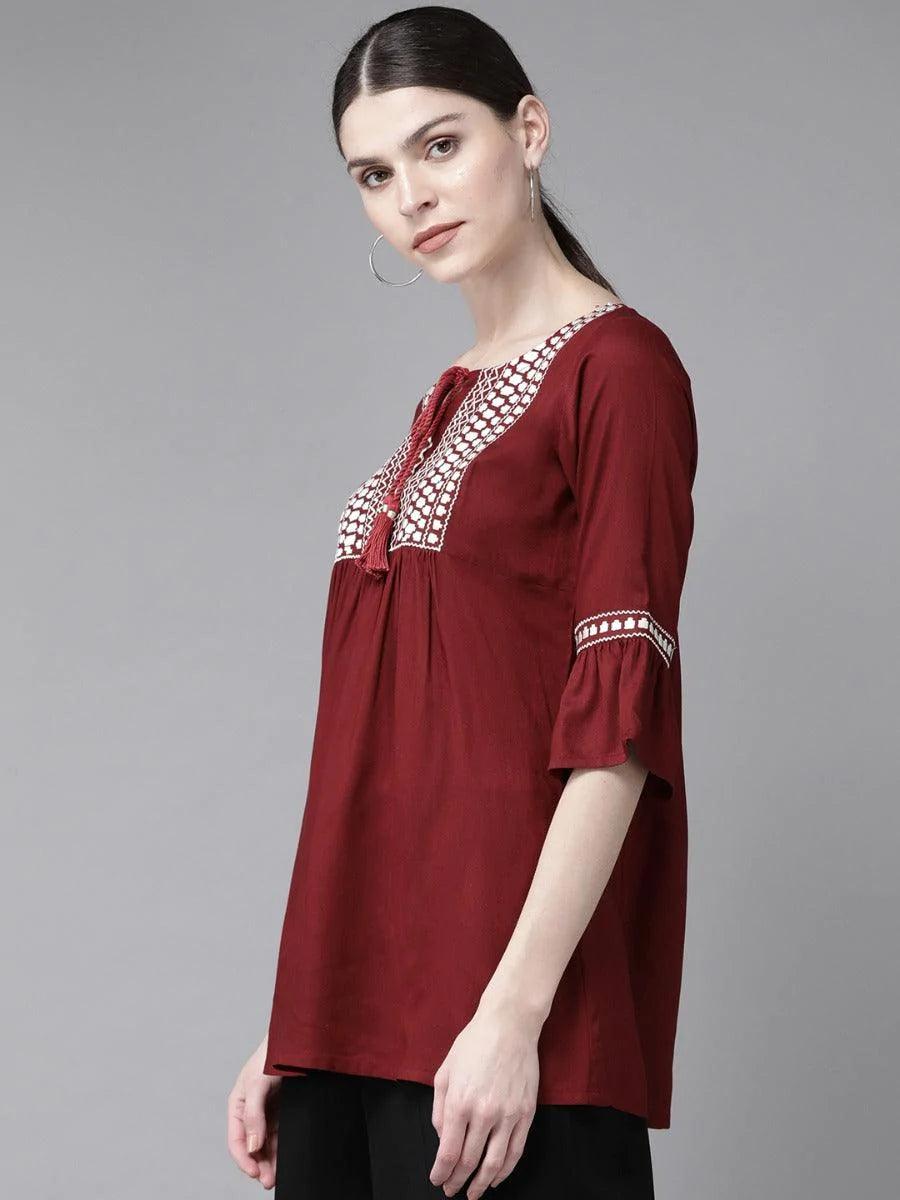 Maroon Embroidered Rayon Kurti - ShopLibas