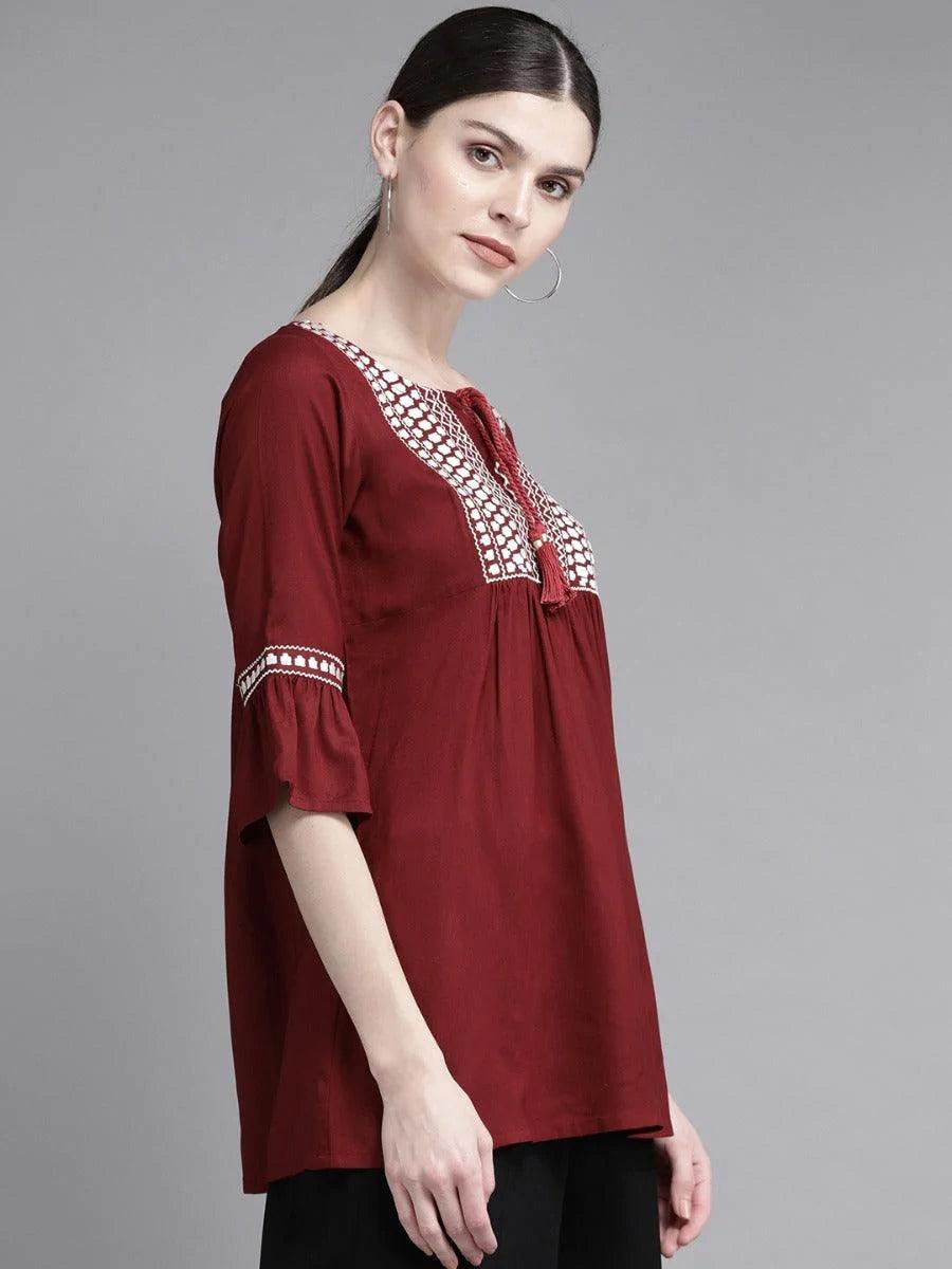 Maroon Embroidered Rayon Kurti - ShopLibas