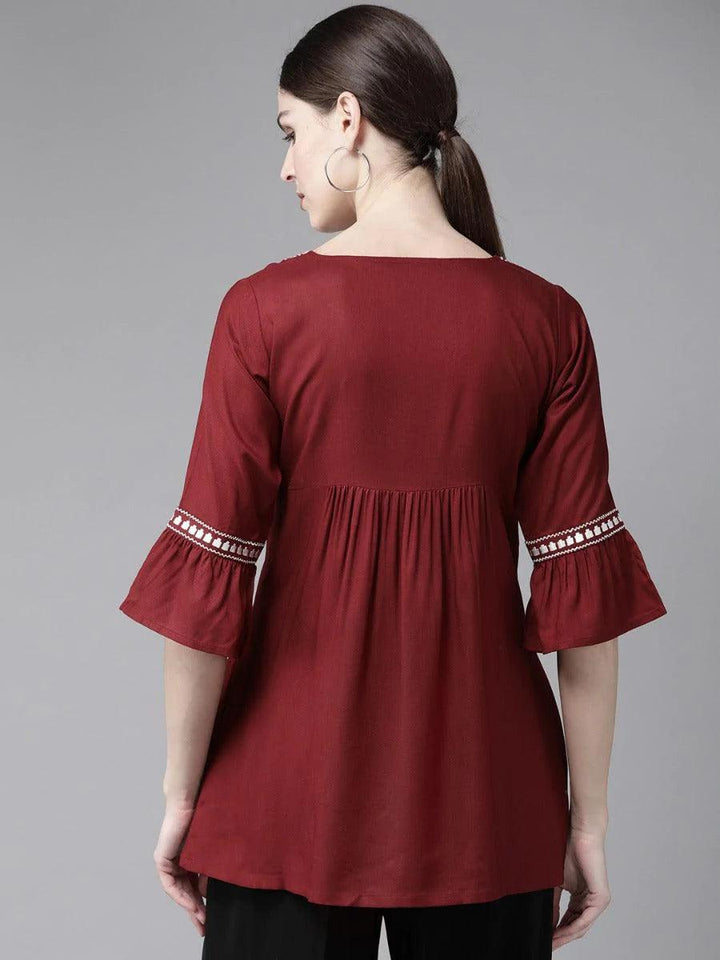 Maroon Embroidered Rayon Kurti - ShopLibas