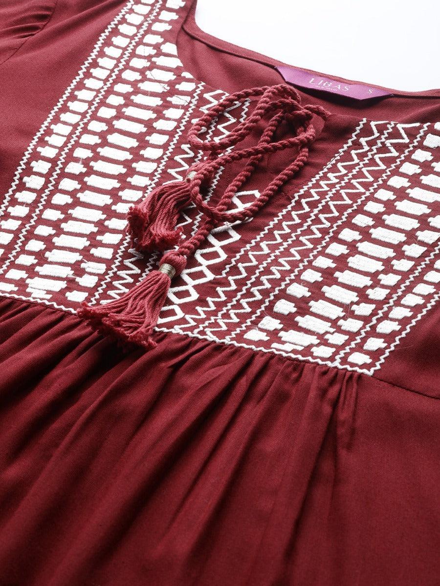 Maroon Embroidered Rayon Kurti - ShopLibas