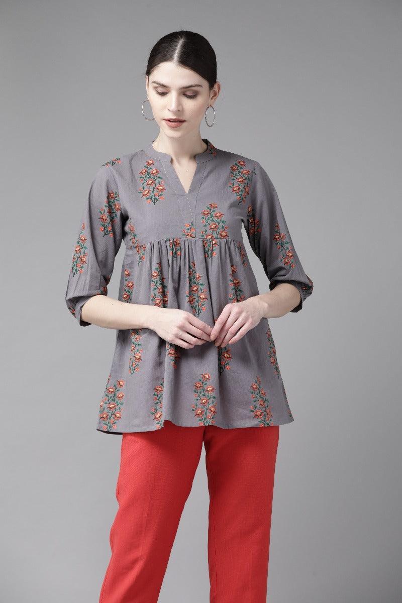 Charcoal Printed Cotton Kurti - ShopLibas
