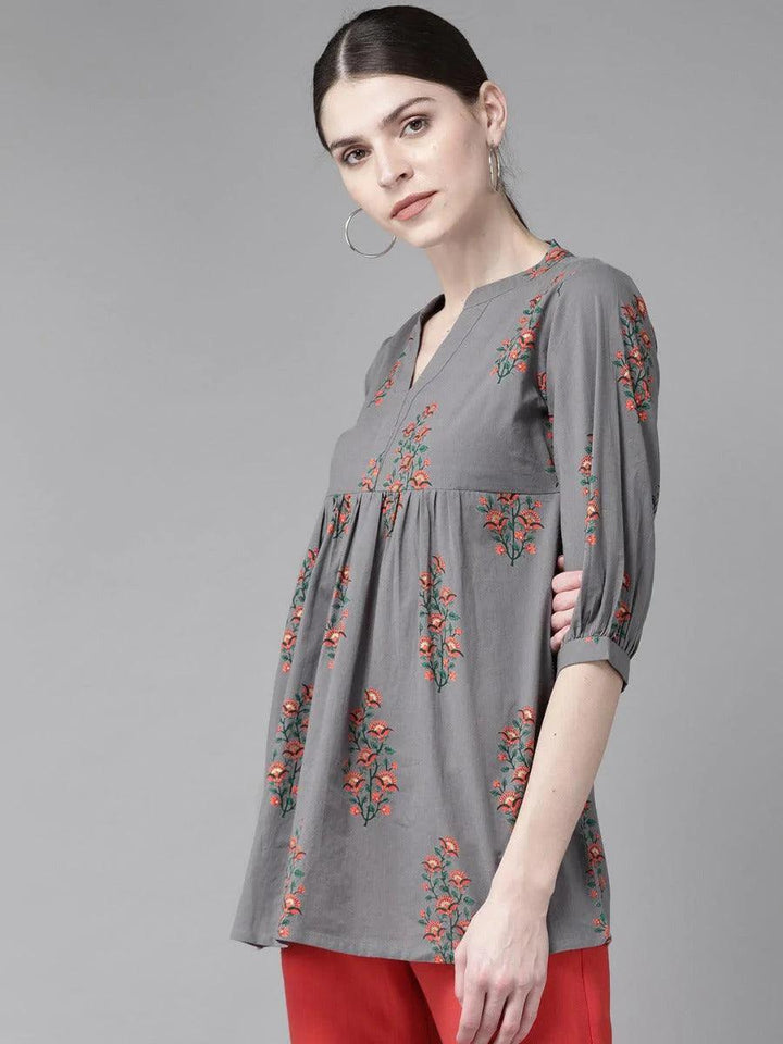 Charcoal Printed Cotton Kurti - ShopLibas