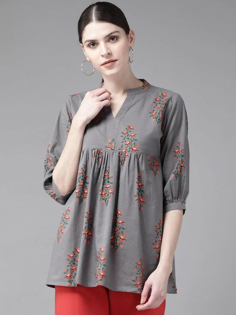 Charcoal Printed Cotton Kurti - ShopLibas