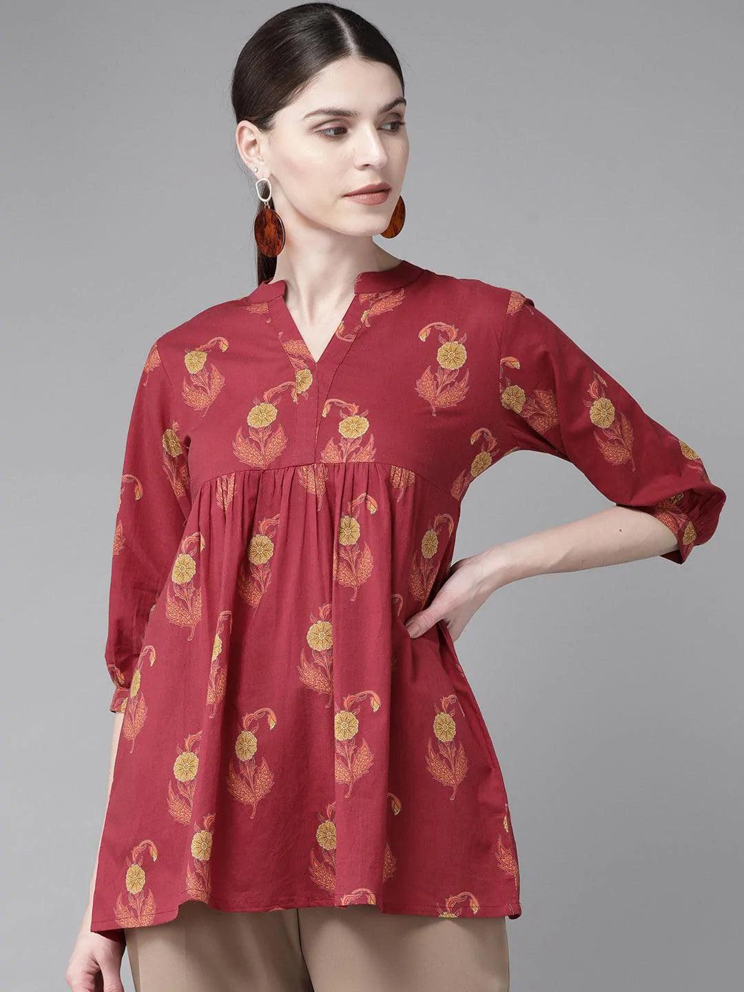 Maroon Printed Cotton Kurti - ShopLibas