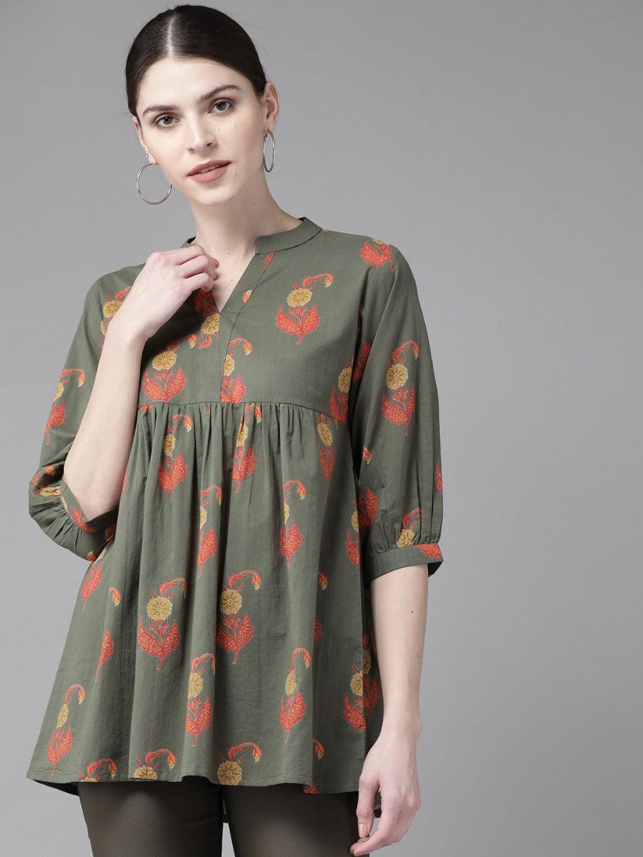 Olive Green Printed Cotton Kurti - ShopLibas