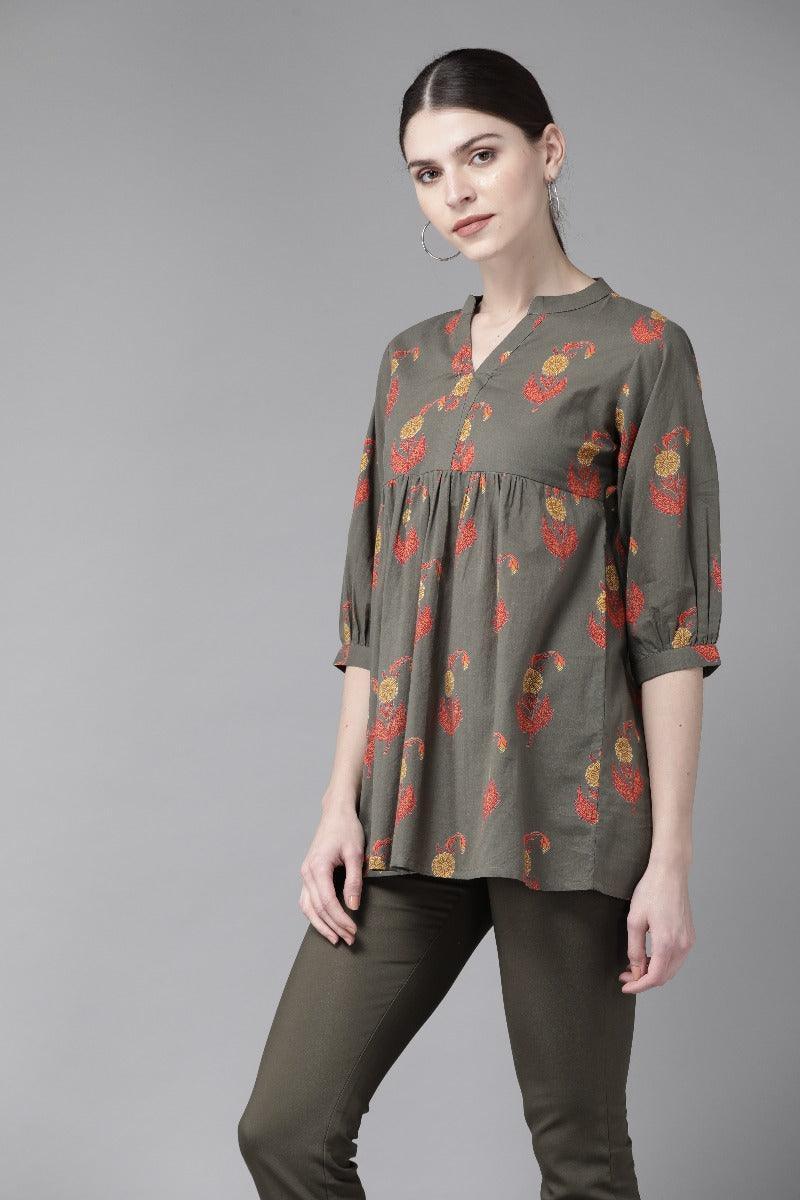 Olive Green Printed Cotton Kurti - ShopLibas