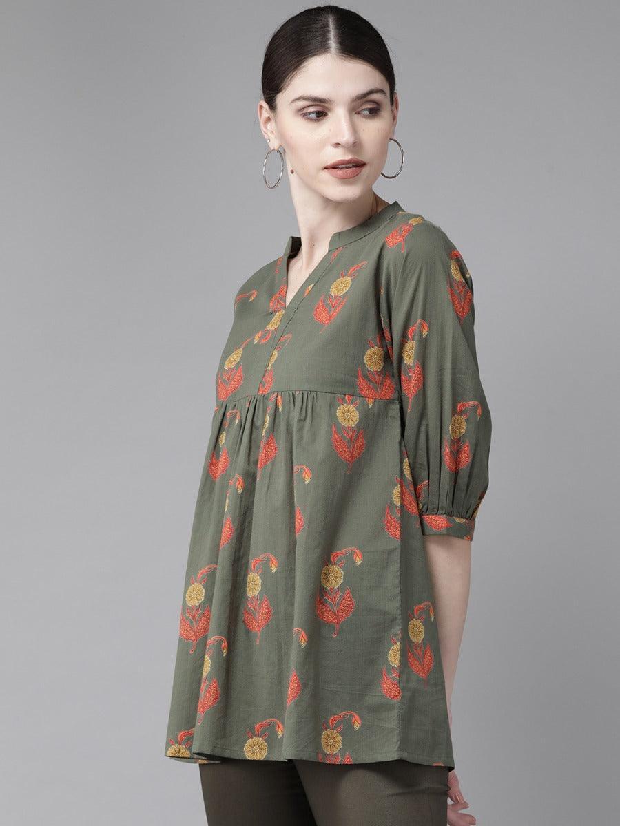 Olive Green Printed Cotton Kurti - ShopLibas