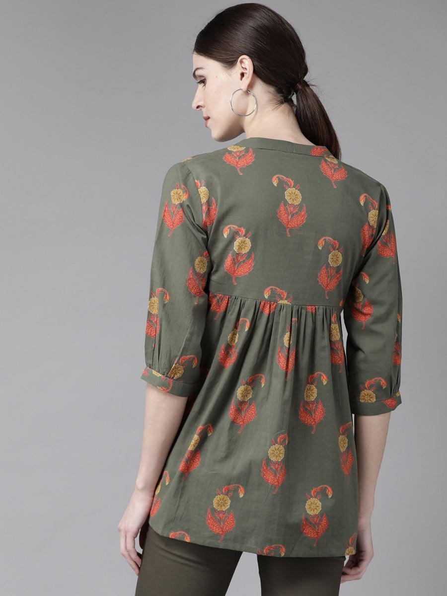 Olive Green Printed Cotton Kurti - ShopLibas