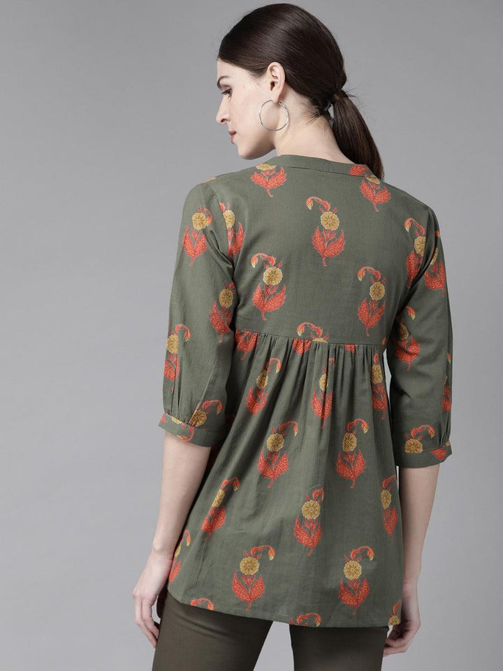 Olive Green Printed Cotton Kurti - ShopLibas