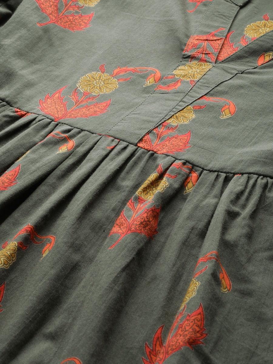 Olive Green Printed Cotton Kurti - ShopLibas