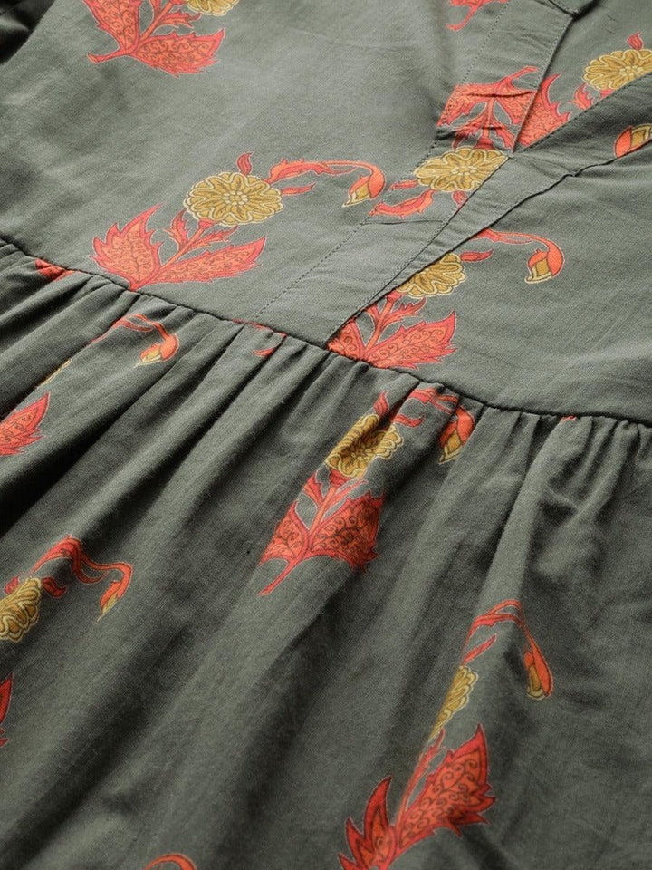 Olive Green Printed Cotton Kurti - ShopLibas
