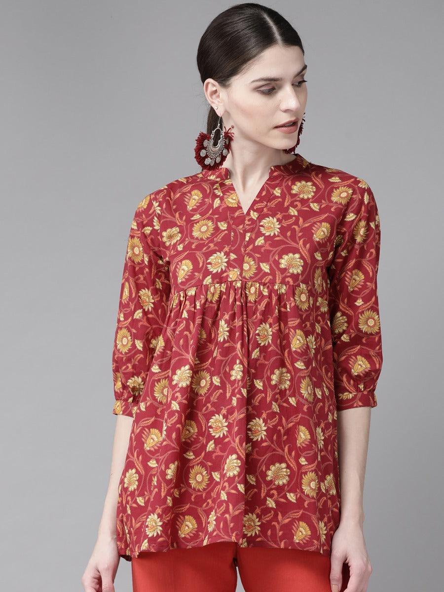 Red Printed Cotton Kurti - ShopLibas