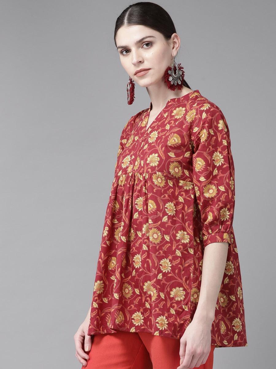 Red Printed Cotton Kurti - ShopLibas