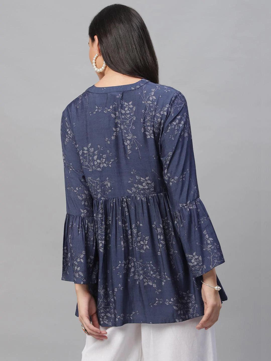 Blue Printed Rayon Kurti - ShopLibas 