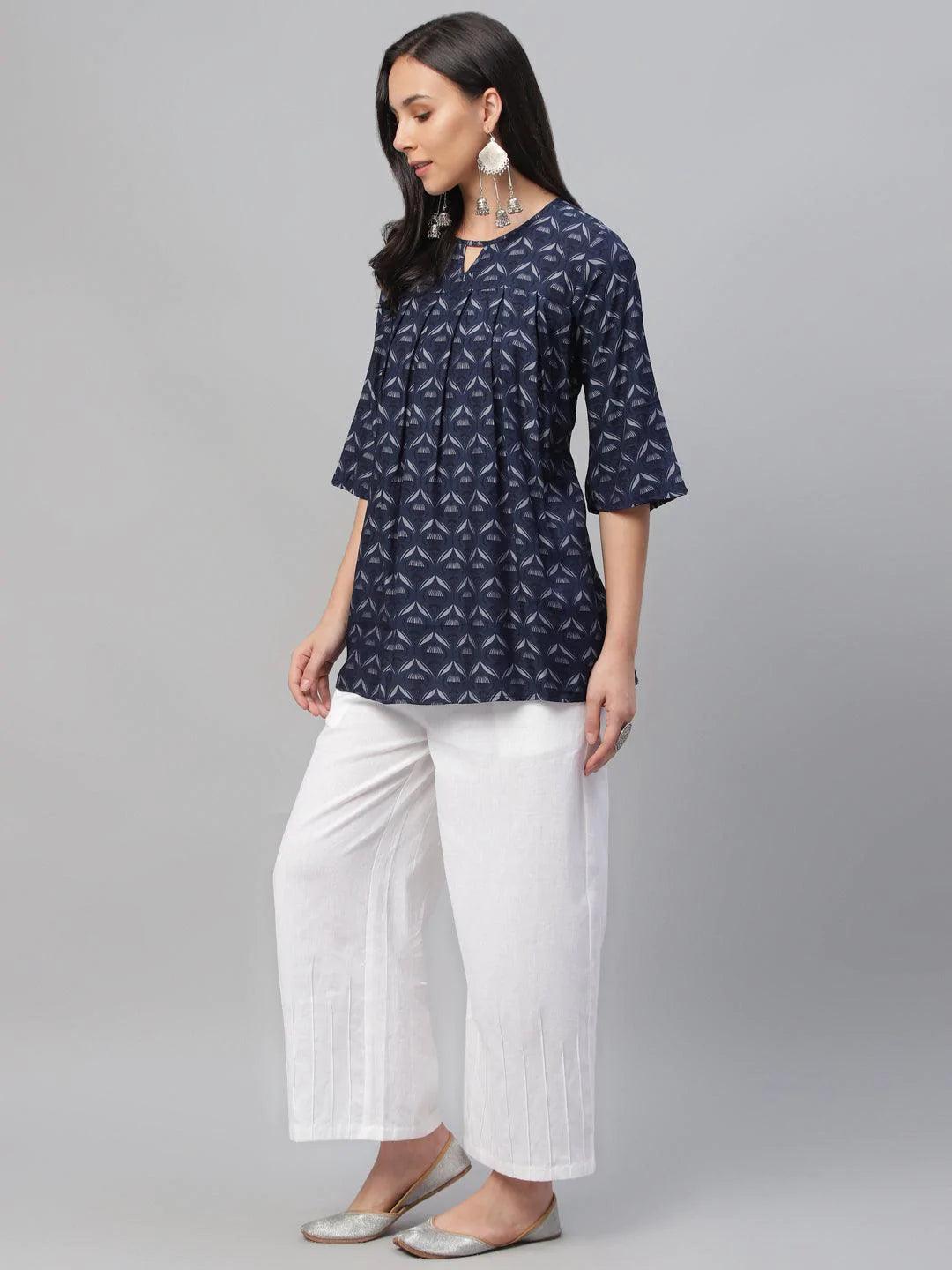 Blue Printed Rayon Kurti - ShopLibas 