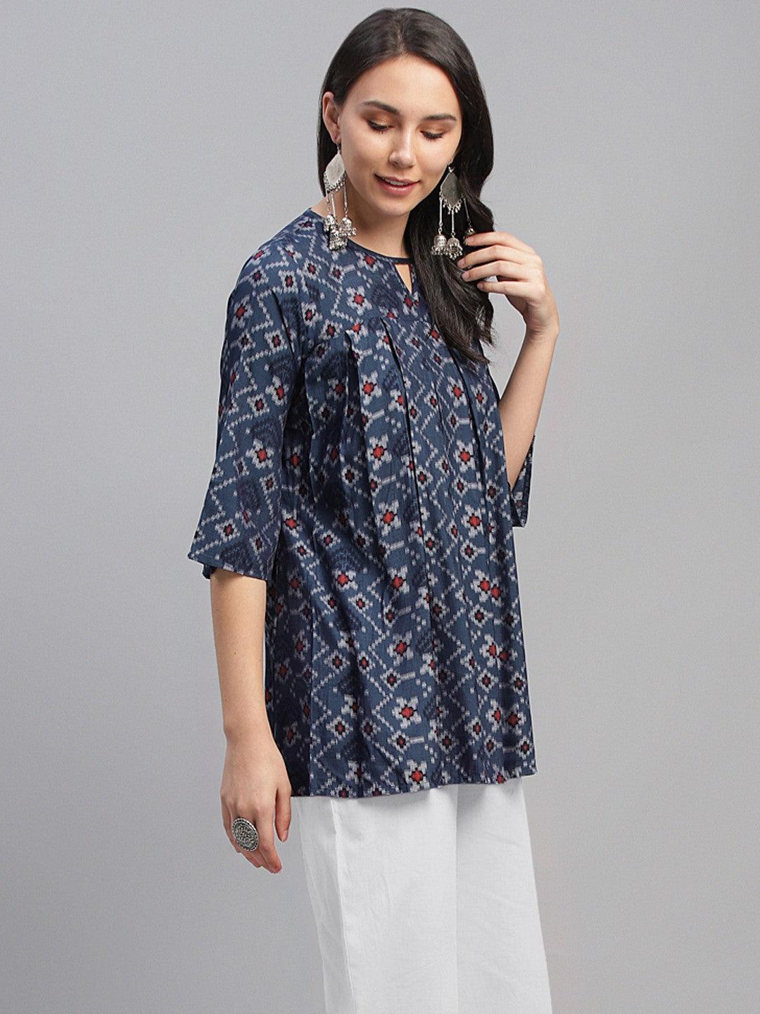 Blue Printed Rayon Kurti - ShopLibas 