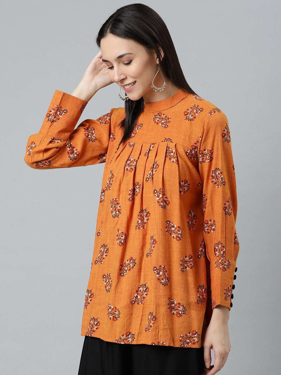 Orange Printed Rayon Kurti - ShopLibas 