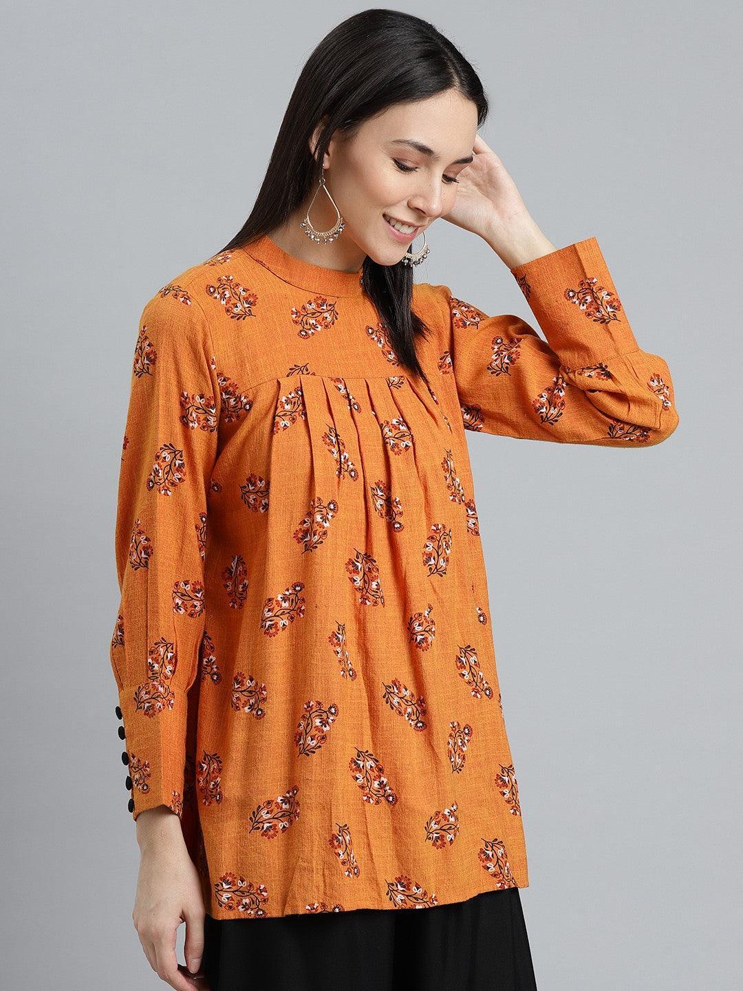 Orange Printed Rayon Kurti - ShopLibas 