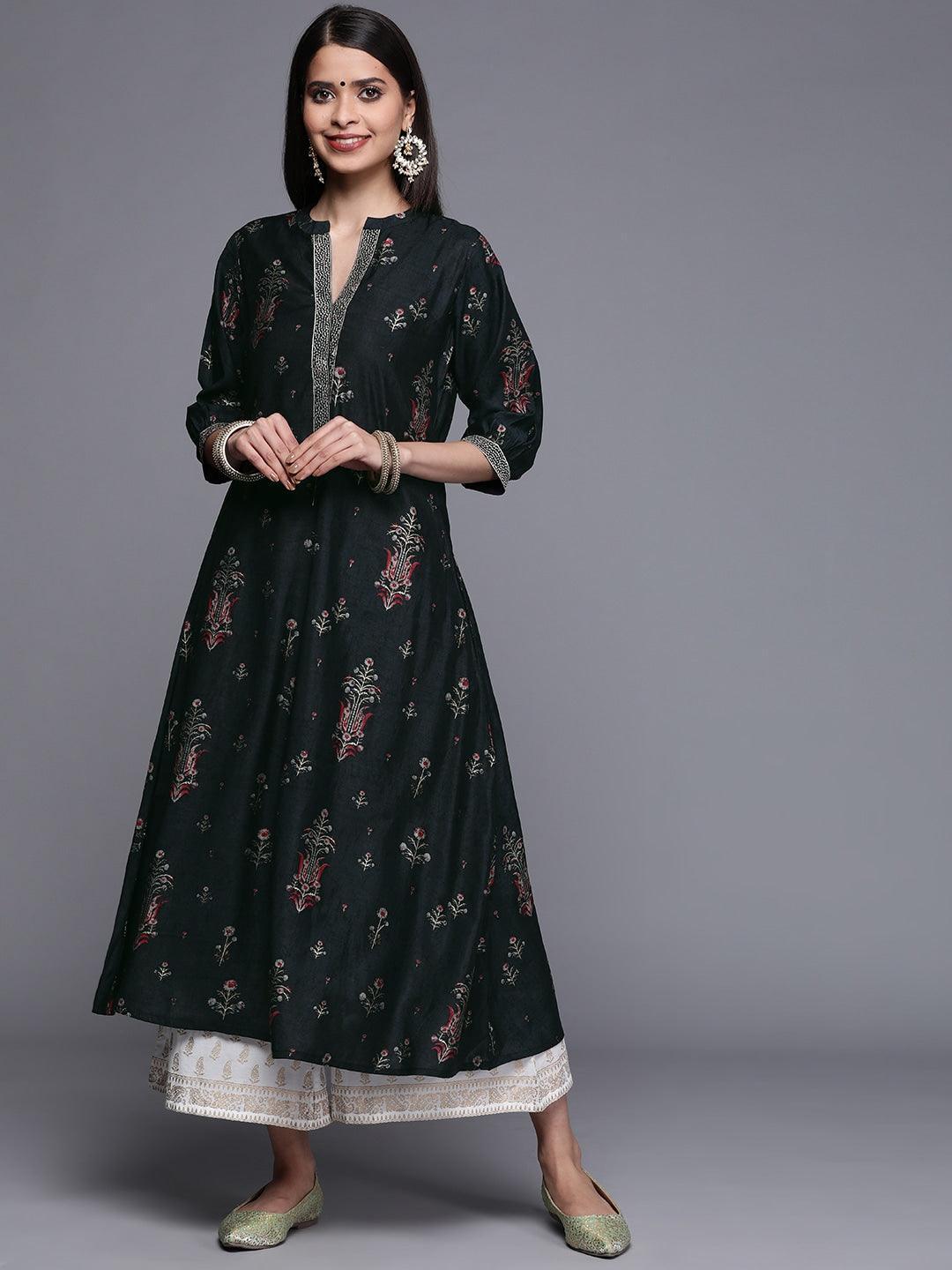 Black Printed Chanderi Silk Kurta - ShopLibas