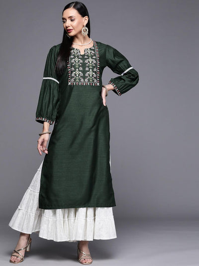 Green Embroidered Chanderi Silk Kurta - ShopLibas