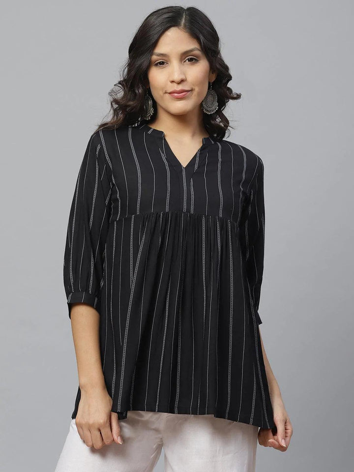 Black Striped Rayon Kurti With Mask - ShopLibas
