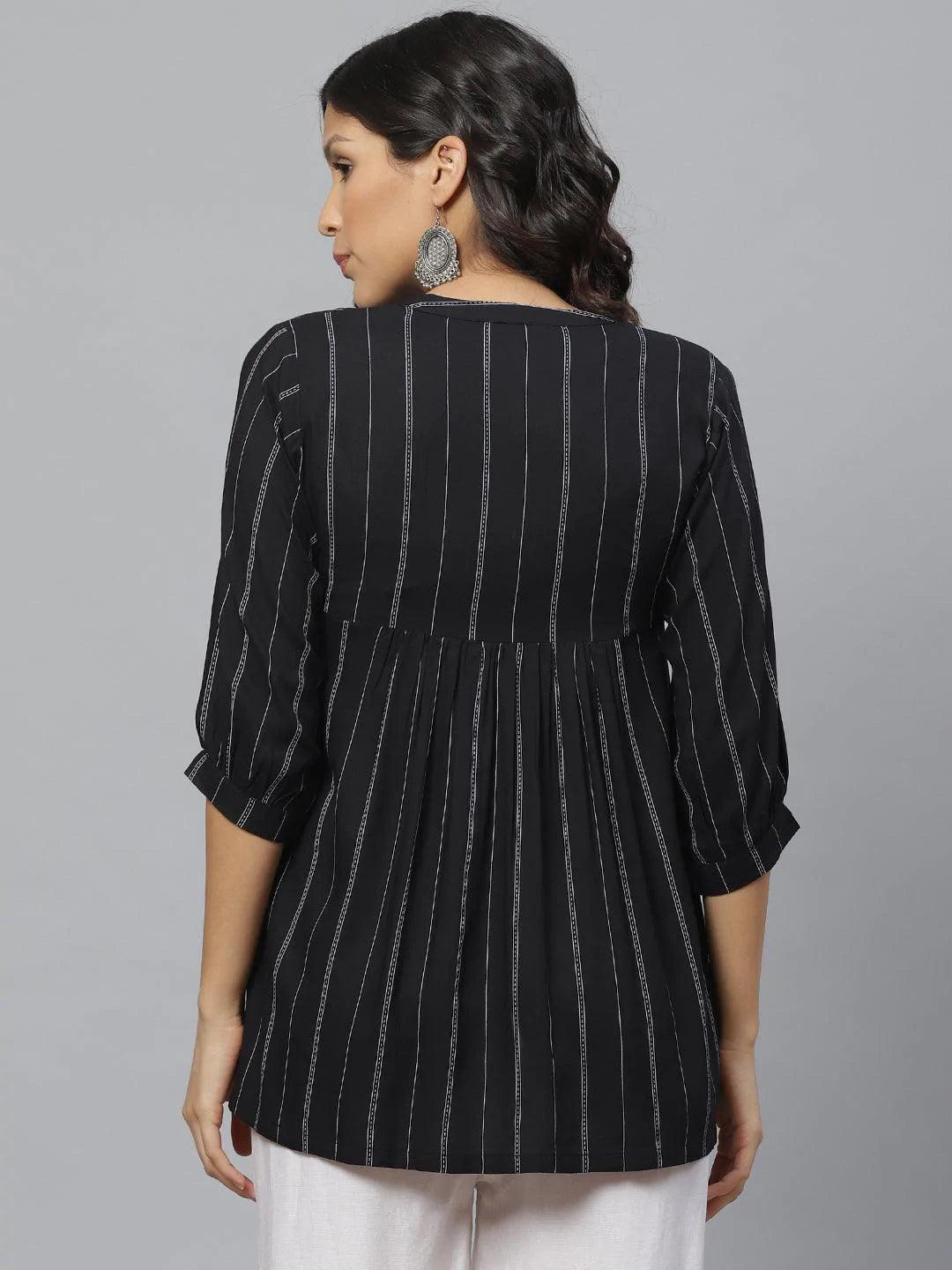 Black Striped Rayon Kurti With Mask - ShopLibas