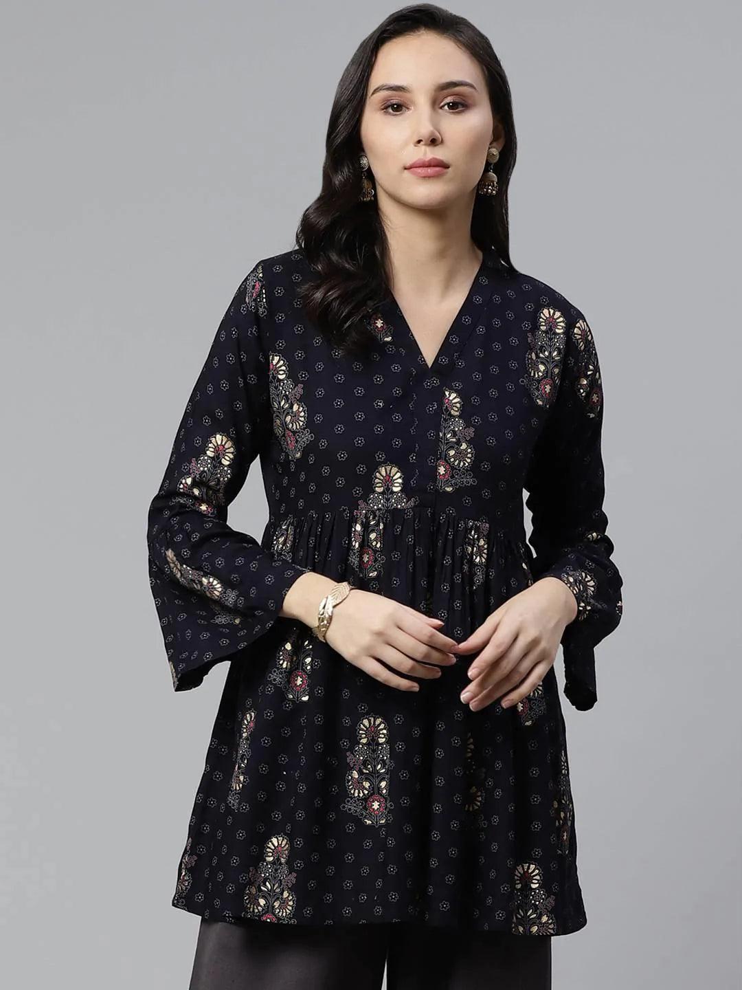 Blue Printed Rayon Kurti - ShopLibas