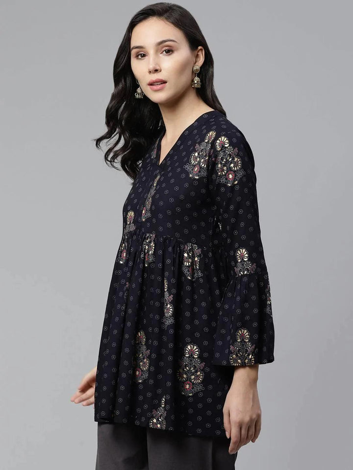 Blue Printed Rayon Kurti - ShopLibas