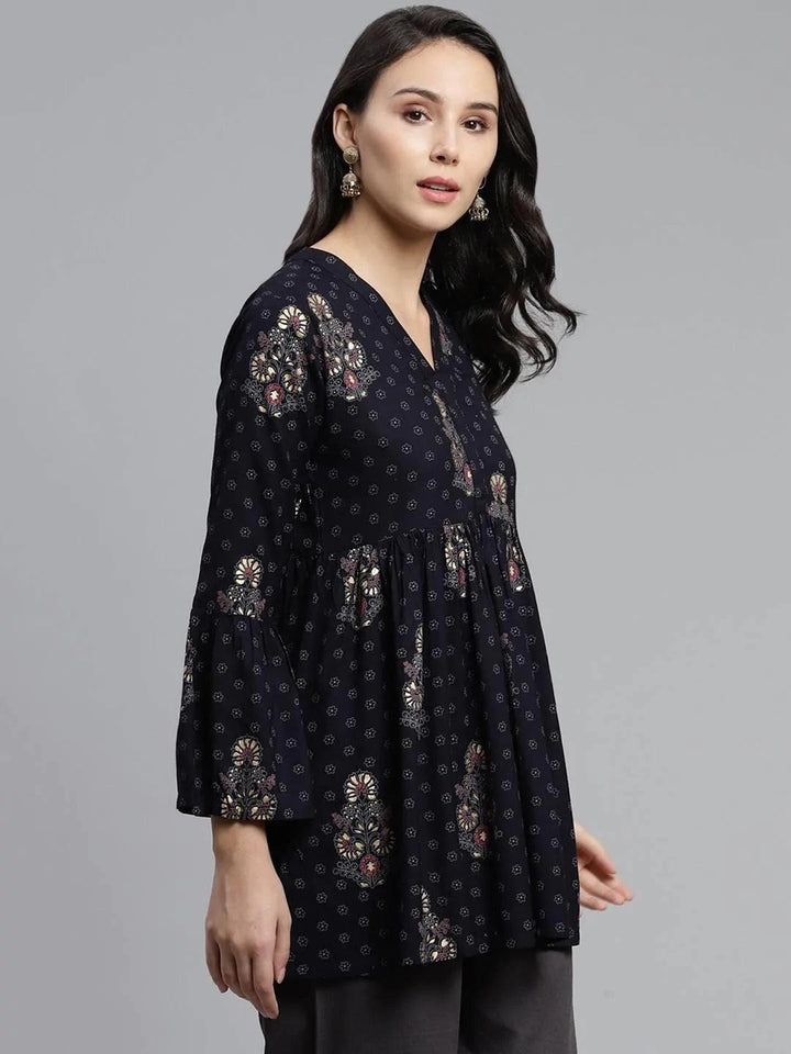 Blue Printed Rayon Kurti - ShopLibas