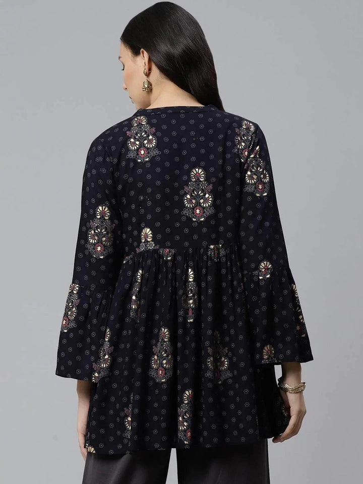 Blue Printed Rayon Kurti - ShopLibas