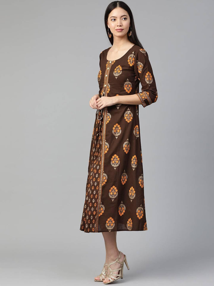 Brown Printed Cotton Dress - ShopLibas