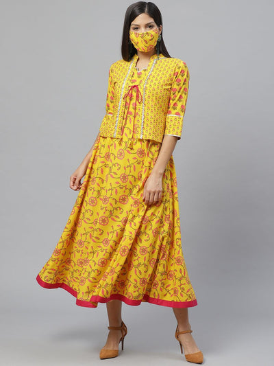 Yellow Printed Cotton Jacket Dress With Mask - ShopLibas