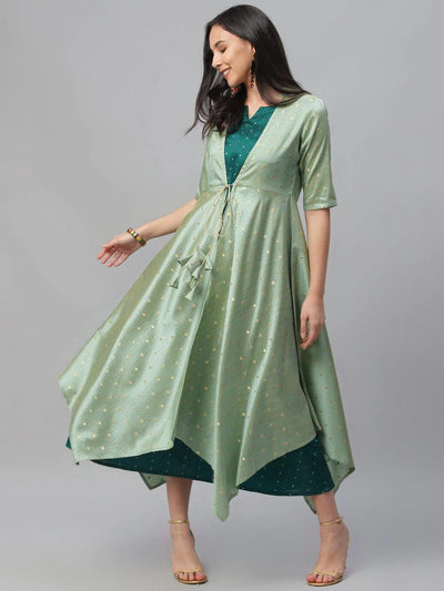 Green Self Design Chanderi Dress With Shrug - ShopLibas
