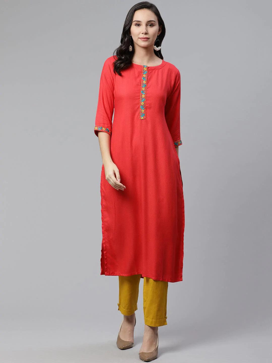 Red Woven Design Rayon Kurta - ShopLibas
