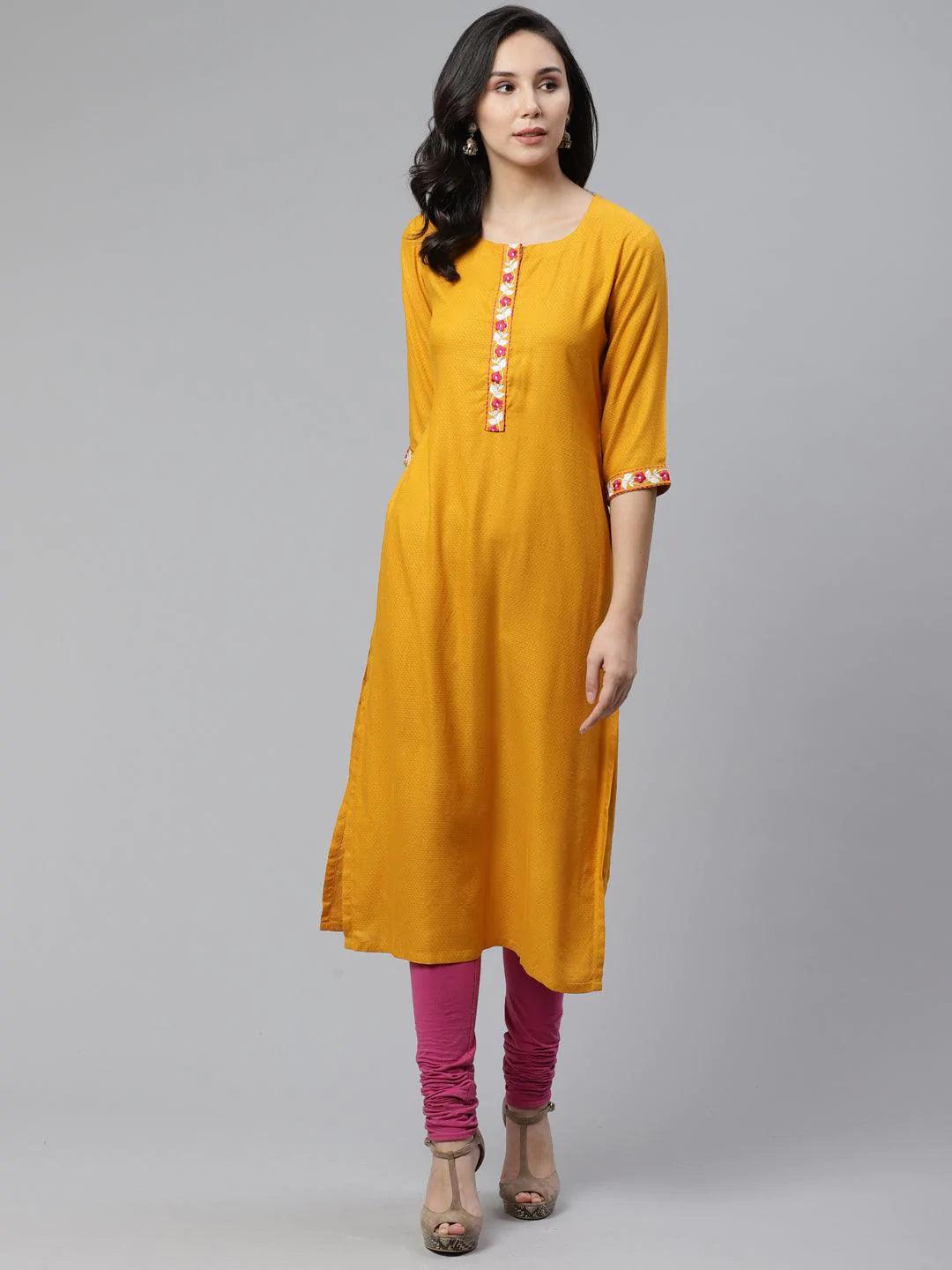 Yellow Woven Design Rayon Kurta - ShopLibas