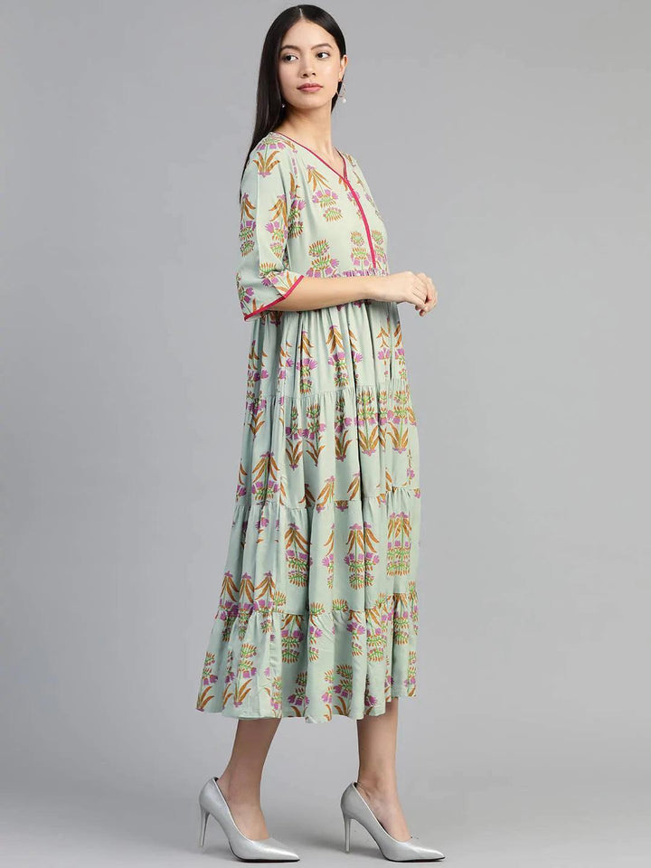 Green Printed Rayon Dress - ShopLibas
