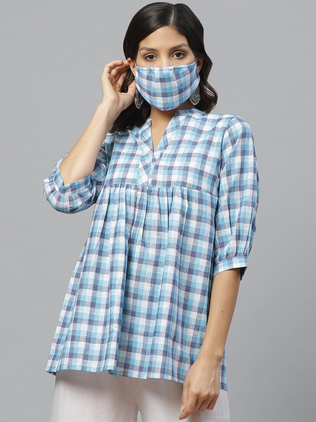 Blue Checkered Cotton Kurti With Mask - ShopLibas