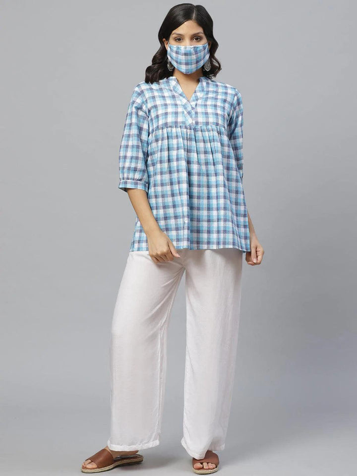 Blue Checkered Cotton Kurti With Mask - ShopLibas