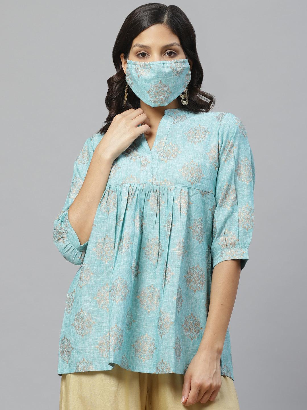 Blue Printed Cotton Kurti With Mask - ShopLibas
