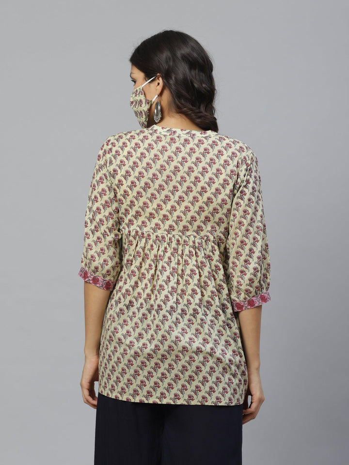 Multicoloured Printed Cotton Kurti With Mask - ShopLibas