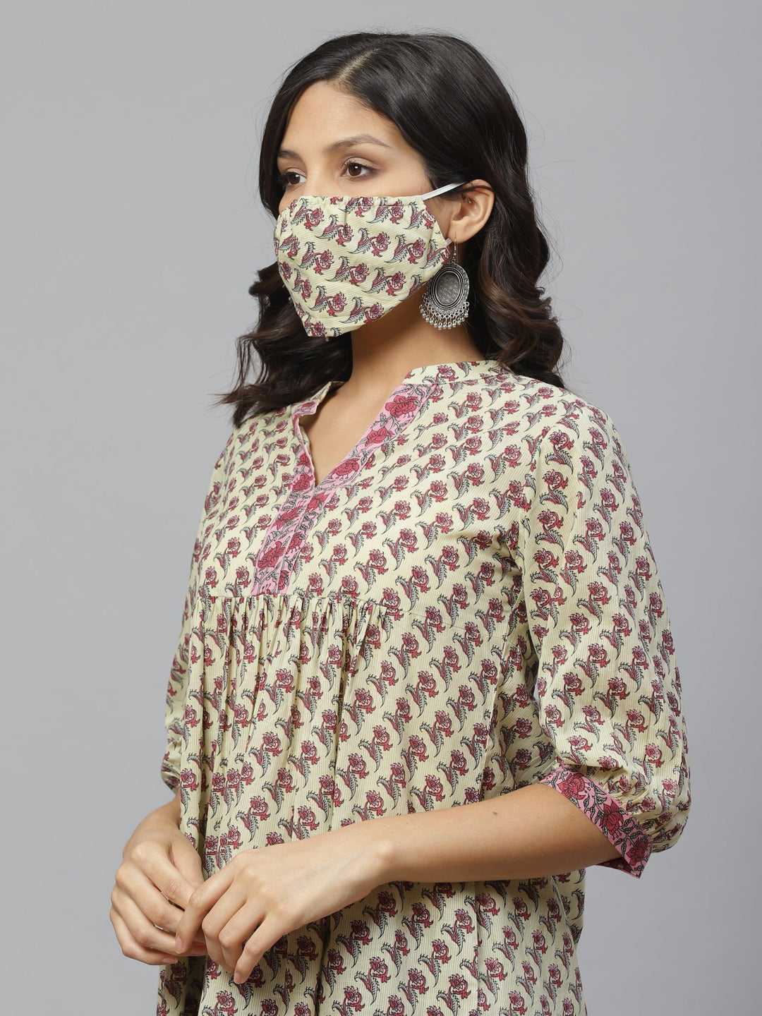 Multicoloured Printed Cotton Kurti With Mask - ShopLibas