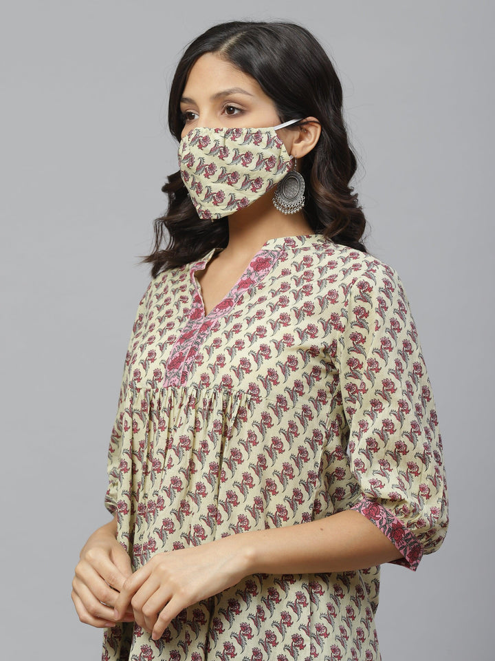 Multicoloured Printed Cotton Kurti With Mask - ShopLibas