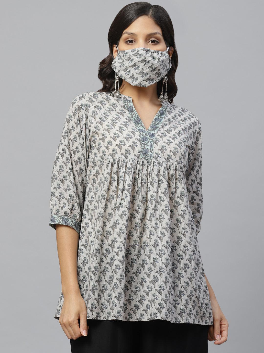 Grey Printed Cotton Kurti With Mask - ShopLibas