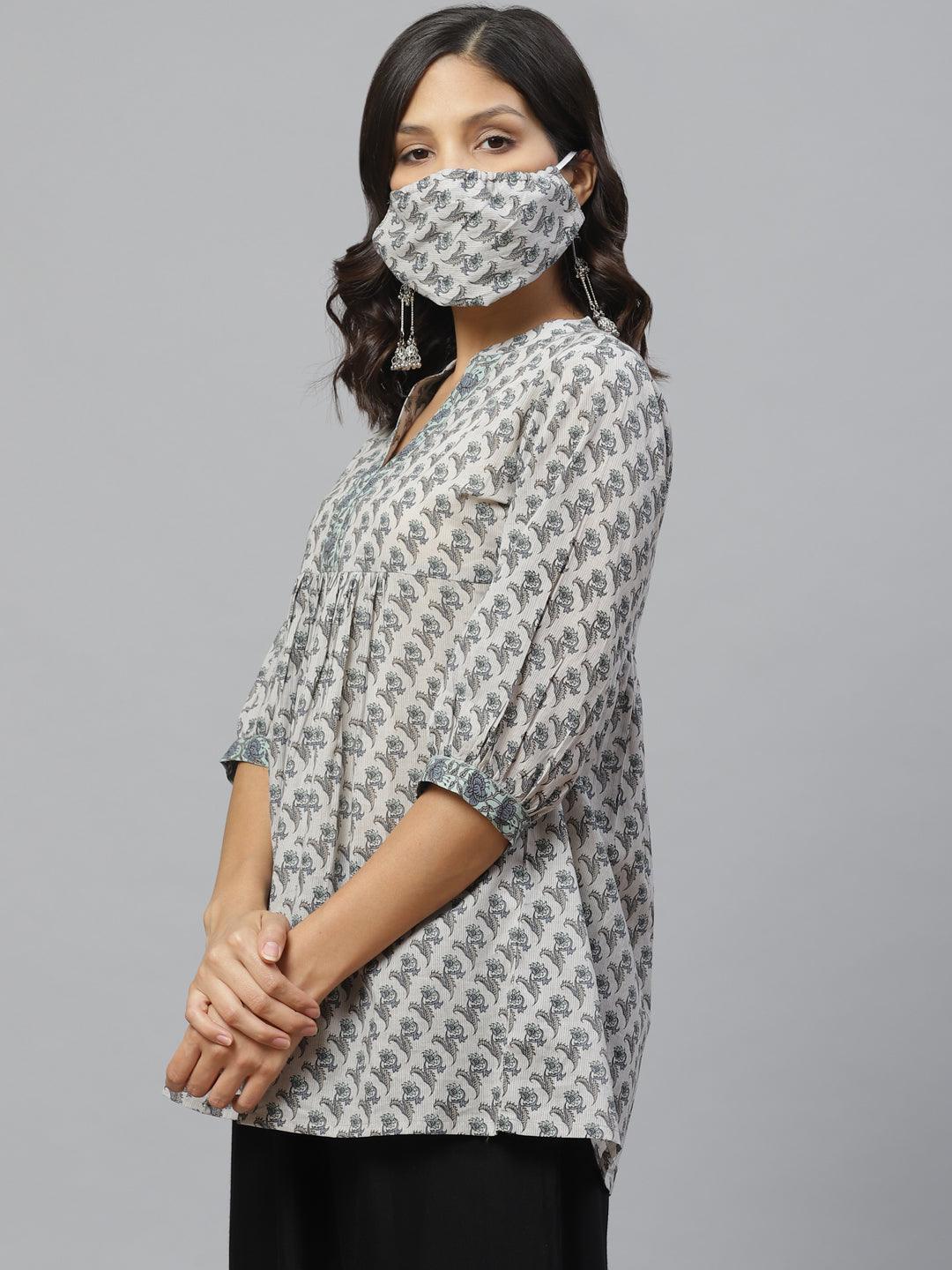 Grey Printed Cotton Kurti With Mask - ShopLibas